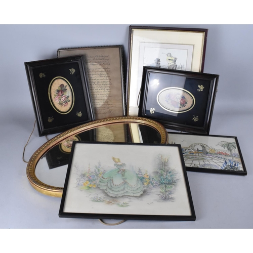 386 - A Collection of Various Pictures and Prints and an Oval Gilt Framed Mirror Etc