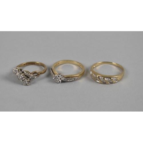 416 - Three 9ct Gold and Diamond Mounted Ladies Rings to include Trilogy Example, 6gms Total