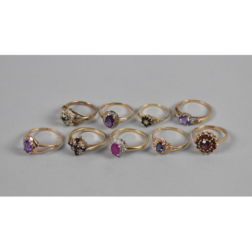 420 - A Collection of Nine 9ct Gold Jewelled Rings to Include Amethyst, Ruby, Sapphire, Garnet and Diamond... 