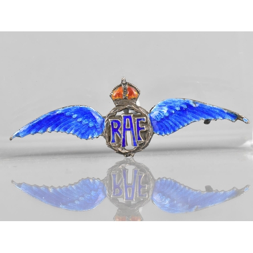 426 - A Sterling Silver RAF Sweetheart Brooch with Blue and Red Enamel Depicting Wings and Crown, 62.3mm w... 