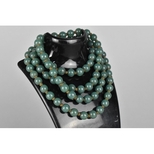 429 - A Long Jade Bead Necklace, 125cm, Each Bead 1cm, wire Tired and Knotted, Weighs 200gs Individually