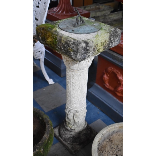 438 - A Reconstituted Stone Garden Sundial on Classical Style Moulded Column Support with Figural Frieze A... 