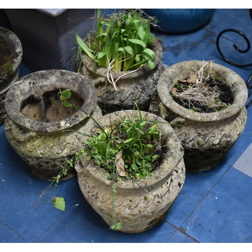 442 - A Set of Four Reconstituted Stone Garden Planters with Moulded Twin Handles and Scrolled Decoration,... 