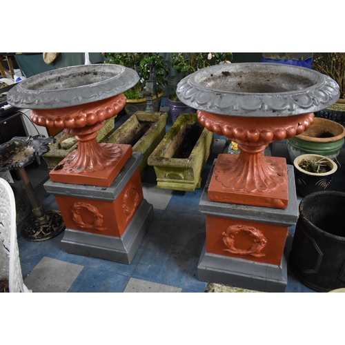 446 - A Large Pair of Painted Cast Circular Garden Urns on Acanthus Socle Columns to Square Plinth Bases w... 