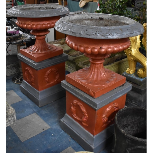 446 - A Large Pair of Painted Cast Circular Garden Urns on Acanthus Socle Columns to Square Plinth Bases w... 