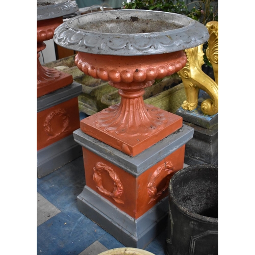 446 - A Large Pair of Painted Cast Circular Garden Urns on Acanthus Socle Columns to Square Plinth Bases w... 