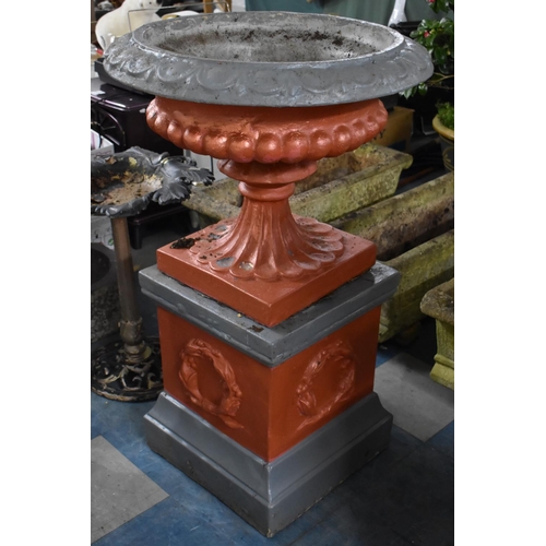 446 - A Large Pair of Painted Cast Circular Garden Urns on Acanthus Socle Columns to Square Plinth Bases w... 