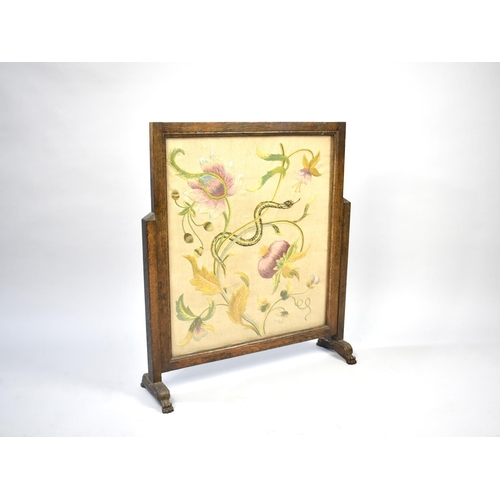 474 - An Art Deco Oak Framed Firescreen with Embroidered Panel, 61cms Wide