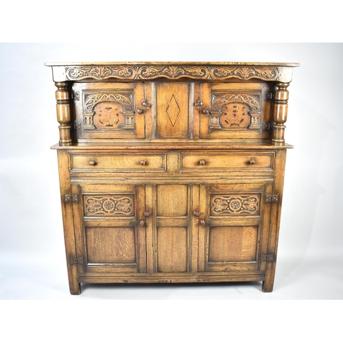 487 - A Nice Quality Oak Court Cupboard with Two Drawers to Base, Raised Top Section with Inlaid Panel Doo... 