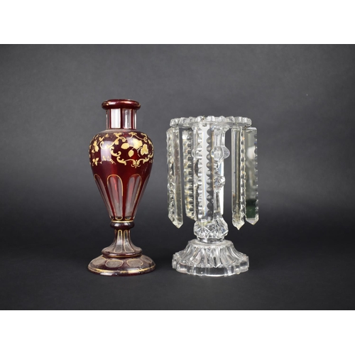 66 - A Bohemian Ruby Glass and Gilt Decorated Vase together with a Plain Glass Lustre, 21cms High