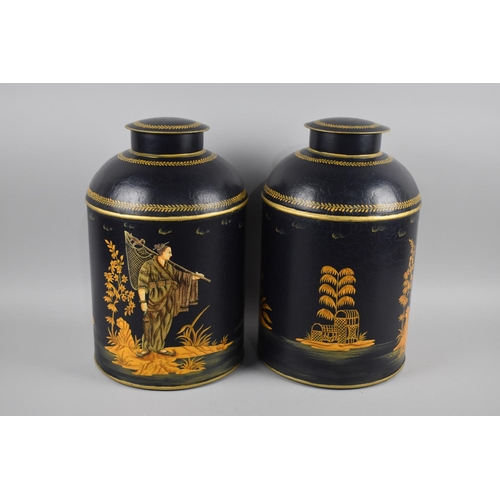 69 - A Pair of Reproduction Chinoiserie Decorated Toleware Cylindrical Tea Caddies with Lids, Each 36cms ... 