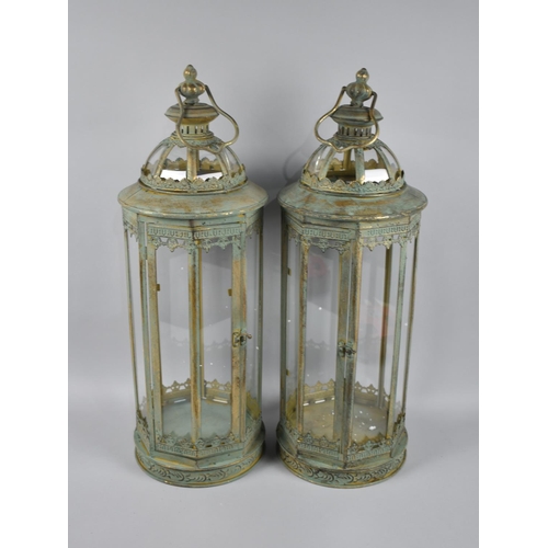 71 - A Pair of Green Patinated Brass Octagonal Lanterns, Each 59cms High