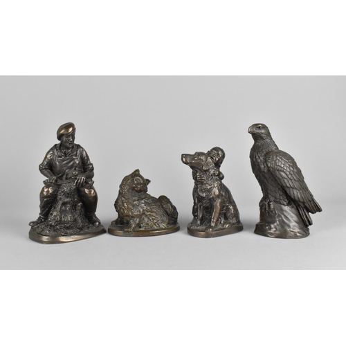 81 - A Collection of Four Bronze Effect Resin Ornaments Depicting Animals, Eagle and Figure, Tallest 145c... 