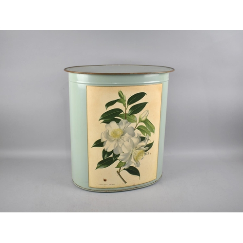 112 - A Floral Decorated Painted Metal Oval Linen Basket with Hinged Lid, 41.5cms Wide