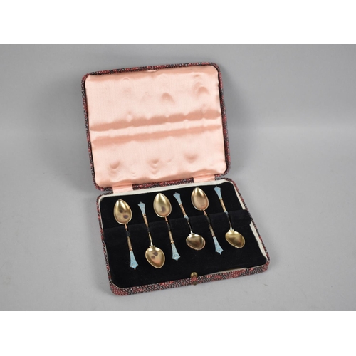 118 - A Cased Set of Six Enamelled Norwegian Silver Coffee Spoons, Stamped Norway, 925 and with Makers Mar... 