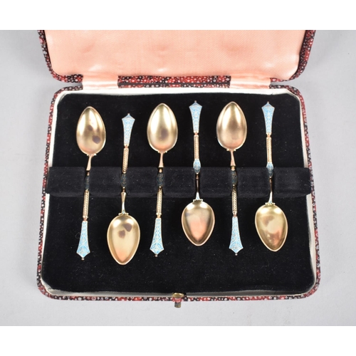 118 - A Cased Set of Six Enamelled Norwegian Silver Coffee Spoons, Stamped Norway, 925 and with Makers Mar... 