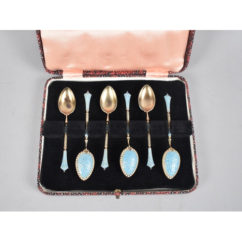 118 - A Cased Set of Six Enamelled Norwegian Silver Coffee Spoons, Stamped Norway, 925 and with Makers Mar... 