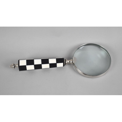 119 - A Modern Chrome and Hexagonal Chequered Handled Magnifying Glass, 26.5cms Long