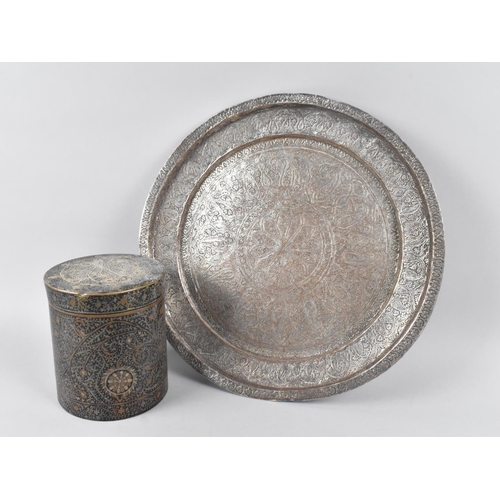 127 - An Intricately Decorated Kurdistani Cylindrical Lidded Pot and Similar Tray, 31cm Diameter