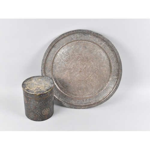 127 - An Intricately Decorated Kurdistani Cylindrical Lidded Pot and Similar Tray, 31cm Diameter