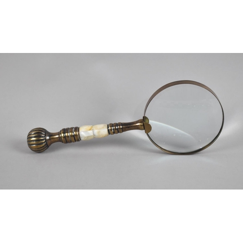 132 - A Modern Brass and Mother of Pearl Handled Desktop Magnifying Glass, 26cms Long