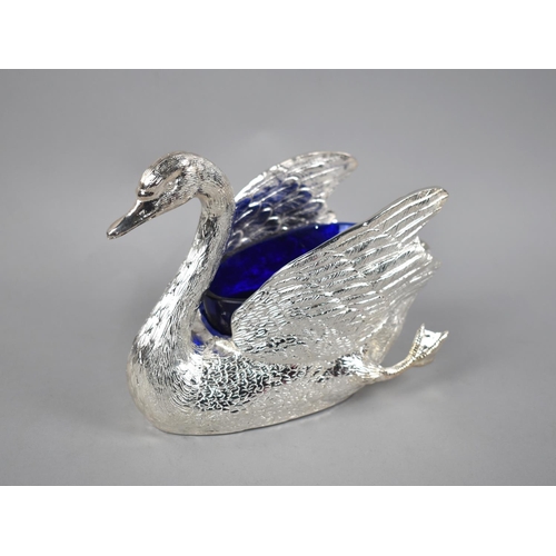 134 - A Novelty Silver Plated Dining Table Cruet in the Form of a Swan with Cobalt Blue Glass Liner, 21cms... 