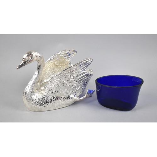 134 - A Novelty Silver Plated Dining Table Cruet in the Form of a Swan with Cobalt Blue Glass Liner, 21cms... 