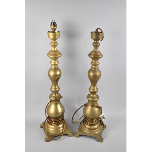 137 - A Pair of Tall Brass Table Lamp Bases, One Requiring new Light Fittings and No Shades, 60cms High