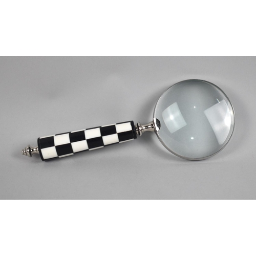 142 - A Modern Chrome and Tapering Cylindrical Chequered Handle Desktop Magnifying Glass, 26.5cm Long