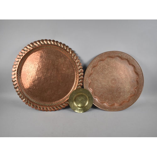 154 - Two Circular Islamic Engraved Trays/Chargers and a Small Engraved Brass Dish, 17cms Diameter