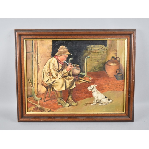 165 - A Framed Oil on Canvas Depicting Farmers Boy Playing Recorder to Puppy, 40x29cms