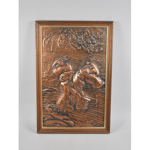 166 - An Oriental Pressed Copper Relief Picture of Figures in Storm, 46x29cms