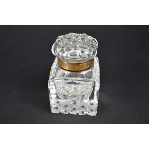 18 - An Early Cut Glass Crystal Inkwell with Gilt Brass Collar Hexagonal Hobnail Hinged Lid, 10cms High