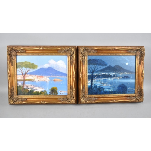 197 - A Pair of Gilt Framed Italian Oils Depicting Mount Vesuvius  by Day and Night, from Naples, 29x25cms