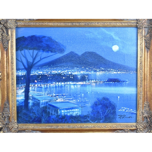 197 - A Pair of Gilt Framed Italian Oils Depicting Mount Vesuvius  by Day and Night, from Naples, 29x25cms