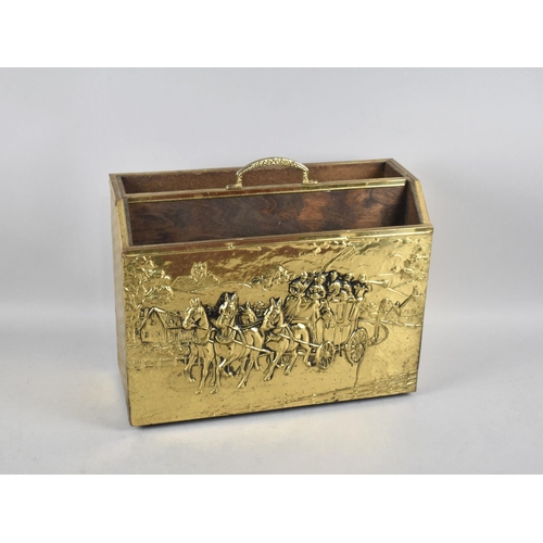 202 - A Pressed Brass Two Division Magazine Rack Depicting Coaching Scene, 37cms Wide