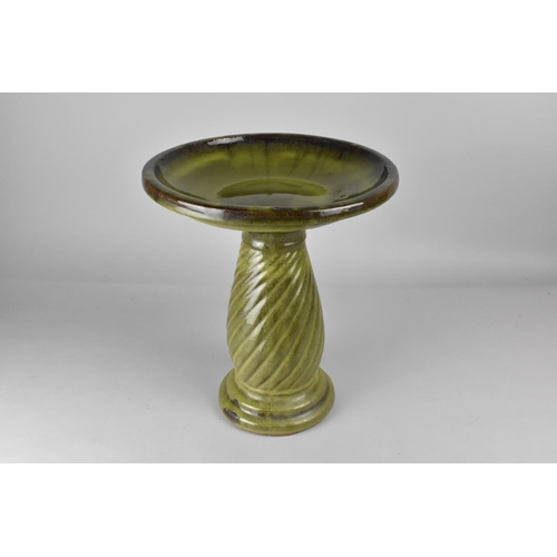 254 - A Green Glazed Terracotta Bird Bath/Bowl on Wrythen Support, 31cms Diameter and 37cms High