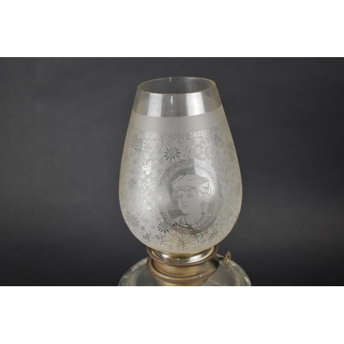 26 - A Victorian Oil Lamp with Pierced Cast Iron Base, Glass Reservoir and Etched Glass Shade, 46cms High