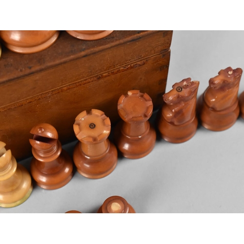 3 - A Wooden Box Containing An Incomplete Late Victorian Staunton Vegetable Ivory Chess Set, King 7cms H... 