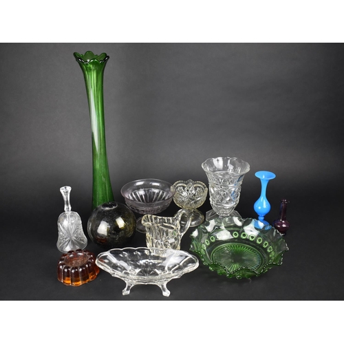 334 - A Collection of Various Moulded and Coloured Glass to Comprise Float, Tall Green Glass Vase, Blue Gl... 