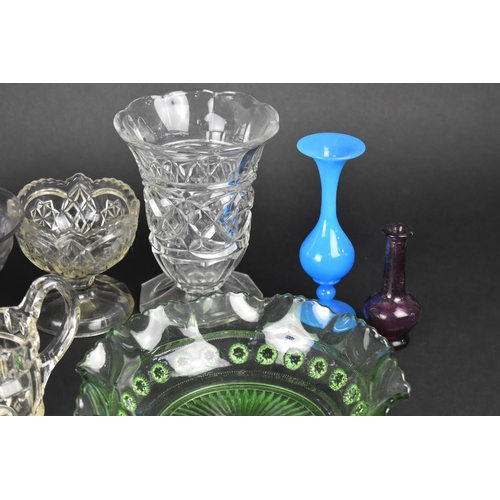 334 - A Collection of Various Moulded and Coloured Glass to Comprise Float, Tall Green Glass Vase, Blue Gl... 