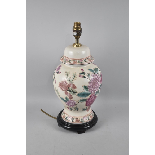 523 - An Oriental Ceramic Vase Shaped Table Lamp Base, Decorated with Chrysanthemums and Flowers, 40cm hig... 