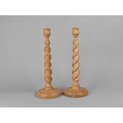 61 - A Pair of Turned Wooden Barley Twist Candlesticks, Made by Tony Caplin, 36cms High