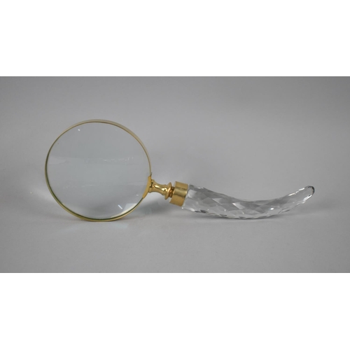 68 - A Modern Brass and Faceted Glass Handled Desktop Magnifying Glass, 26.5cms Long