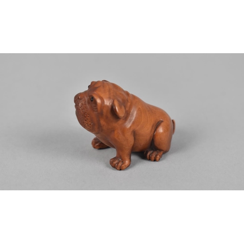 71 - A Modern Carved Wooden Netsuke, Seated Bulldog, Signed