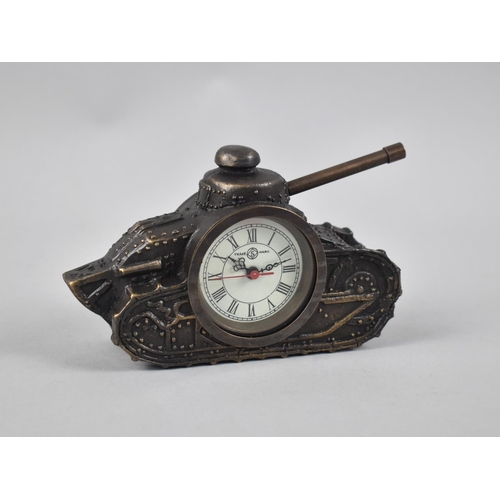 73 - A Reproduction Novelty Desktop Clock in the Form of a Tank, Working Order, 15cms Long