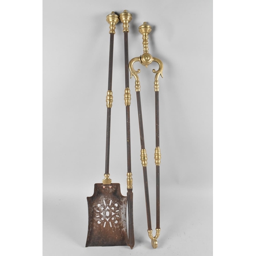 84 - A Set of Three Brass Mounted and Iron 19th Century Long Handled Fire Irons, Poker 73cms Long