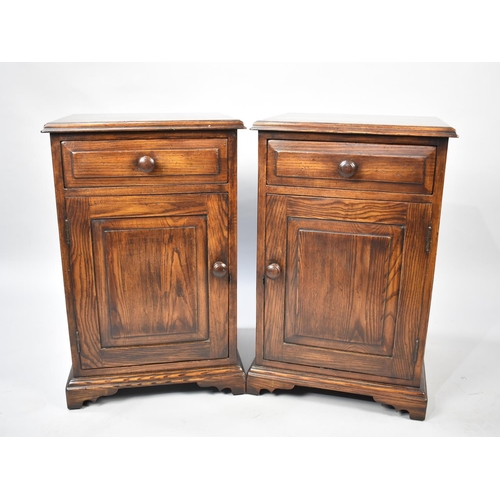 95 - A Pair of Modern Stained Wooden Bedside Cabinets with Single Drawers over Cupboard Bases, 43cs Wide