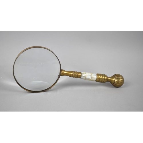 96 - A Modern Brass and Mother of Pearl Handled Desktop Magnifying Glass, 26cms Long