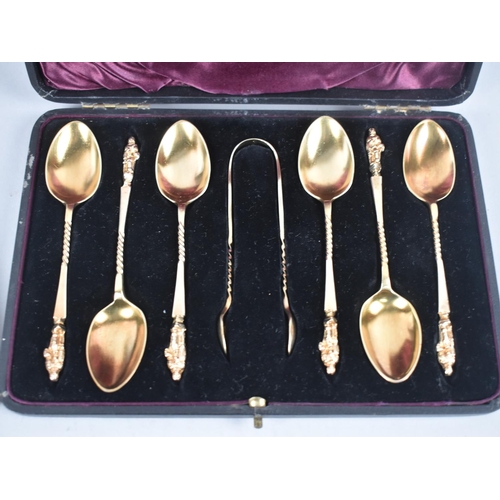 97 - A Cased Set of Six Gilt Apostle Spoons and Matching Bow together with a Cased Set of Six Silver Plat... 